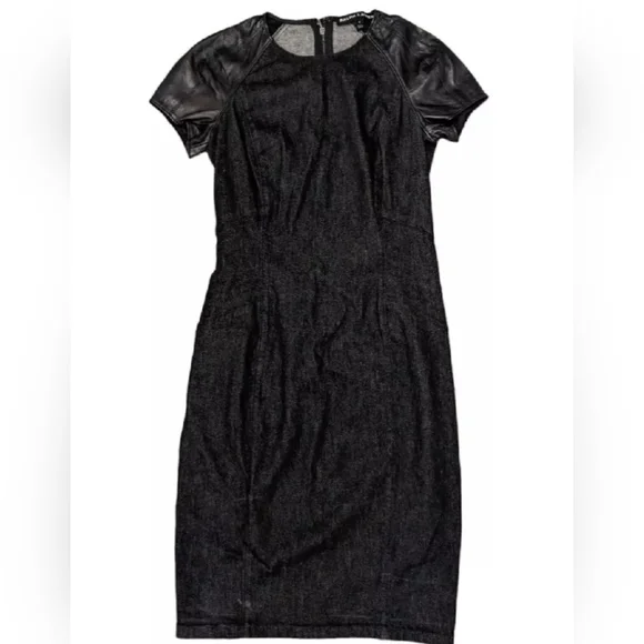Ralph Lauren Black Label Denim Lamb Leather Trim Cocktail Sheath Dress Size  2/4